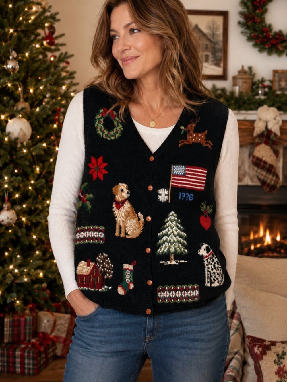 Vintage 2002 Marisa Christina Christmas Sweater Vest XL Dogs Americana Holiday